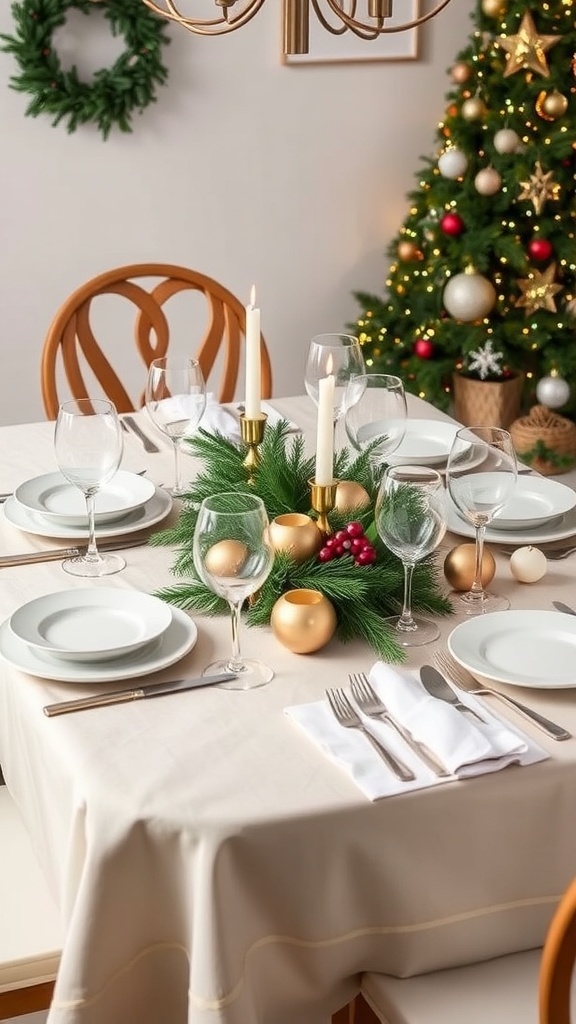 Elegant Christmas table setting with neutral colors, candles, and greenery.